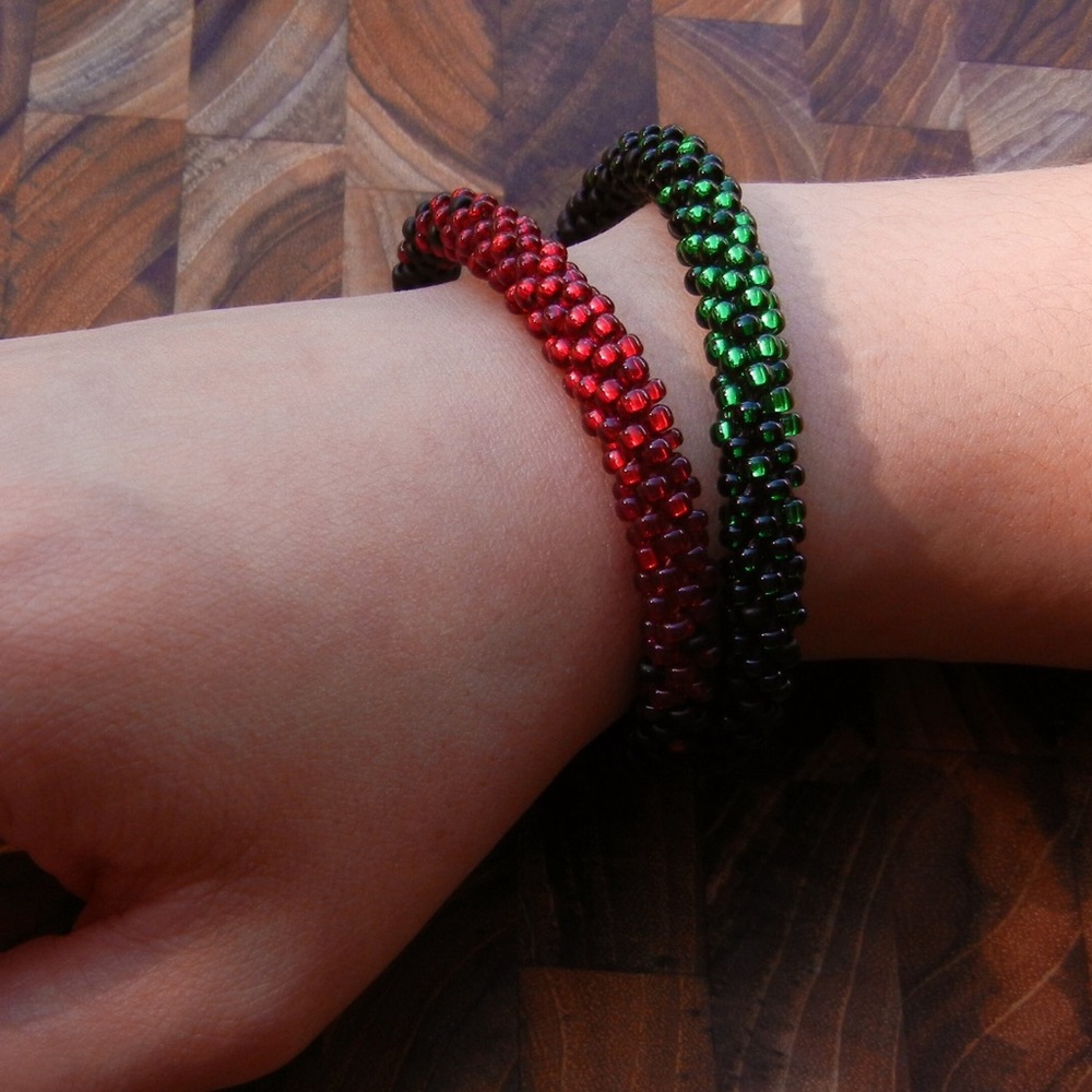 Red & Green Seed Bead Bracelet Set | Handmade Custom Size | Stackable | Layering